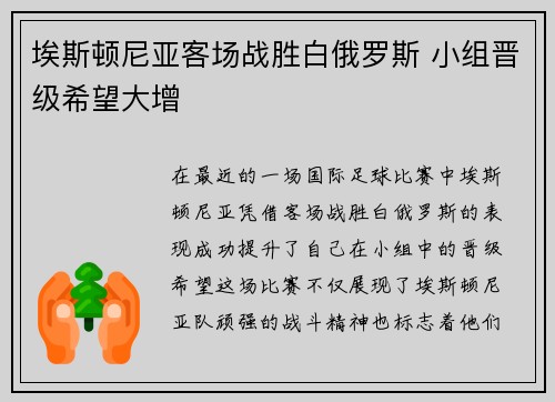 埃斯顿尼亚客场战胜白俄罗斯 小组晋级希望大增