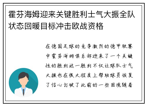 霍芬海姆迎来关键胜利士气大振全队状态回暖目标冲击欧战资格