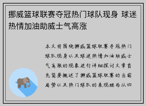 挪威篮球联赛夺冠热门球队现身 球迷热情加油助威士气高涨