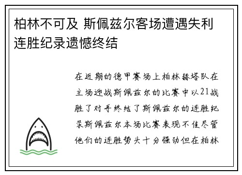 柏林不可及 斯佩兹尔客场遭遇失利 连胜纪录遗憾终结