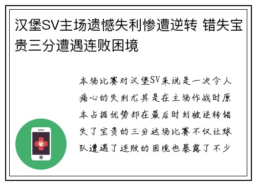 汉堡SV主场遗憾失利惨遭逆转 错失宝贵三分遭遇连败困境