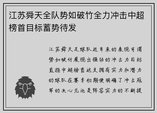 江苏舜天全队势如破竹全力冲击中超榜首目标蓄势待发
