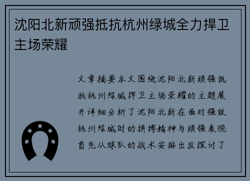 沈阳北新顽强抵抗杭州绿城全力捍卫主场荣耀