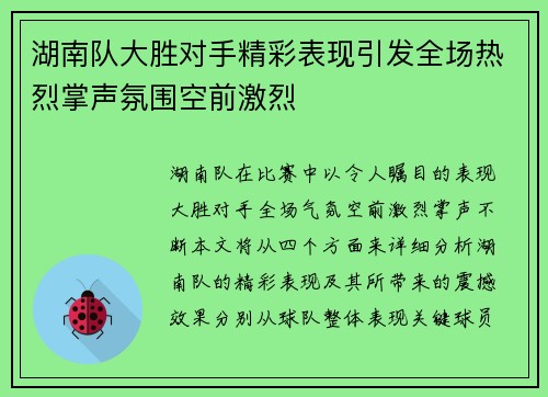 湖南队大胜对手精彩表现引发全场热烈掌声氛围空前激烈