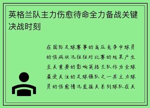 英格兰队主力伤愈待命全力备战关键决战时刻